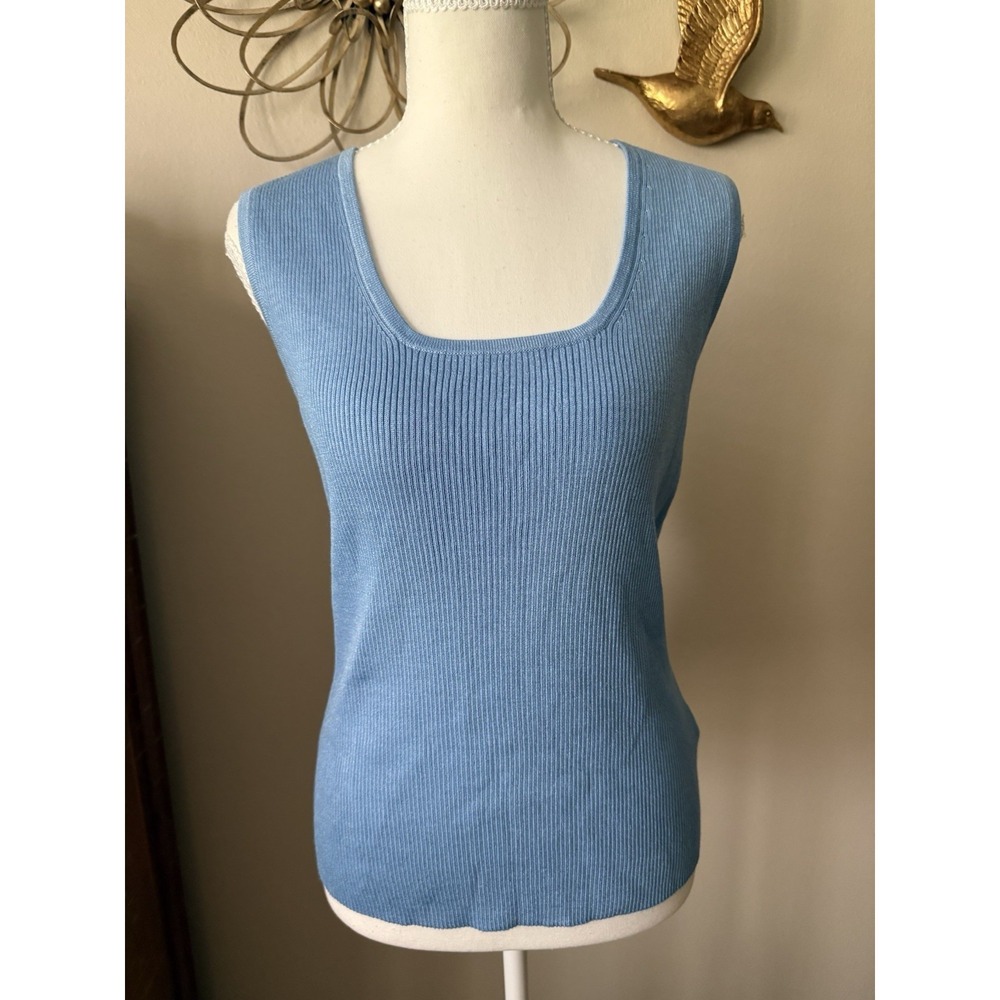St John Knit Tank Top Medium Blue Ribbed Wool Rayon Sleeveless Shell Sweater M